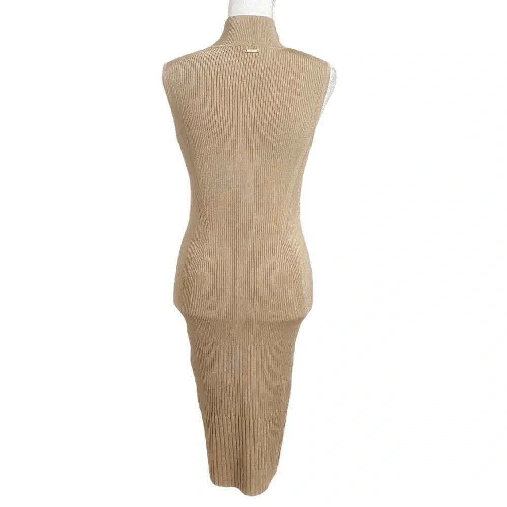 Marciano CAMEL TAN RIBBED STRETCH MOCK NECK SLEEVELESS BODYCON DRESS - Picture 4 of 10